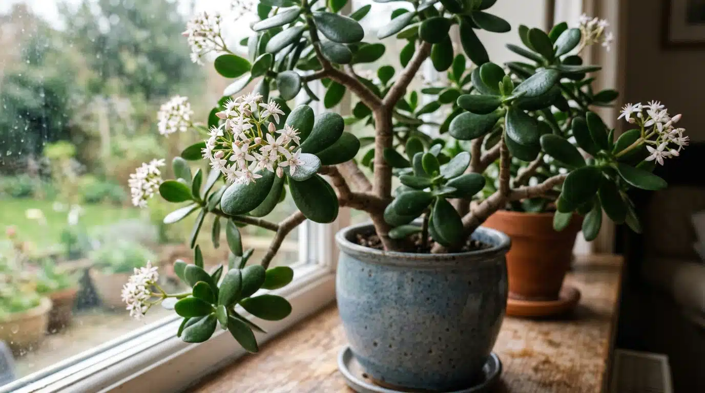 Planta jade madura com caules grossos de aspecto lenhoso e folhagens verdes abrigando pequenos cachos de delicadas flores brancas em formato de estrela. A suculenta está plantada em um vaso de cerâmica azul esmaltada sobre uma bancada de madeira perto de uma janela. Ao fundo, a vista para um jardim verde.