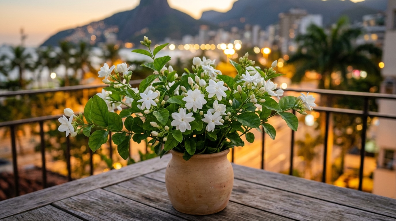 Pequeno arbusto de jasmim-árabe carregado de flores brancas em um vaso de barro sobre mesa de madeira na sacada, com vista noturna da cidade ao fundo.