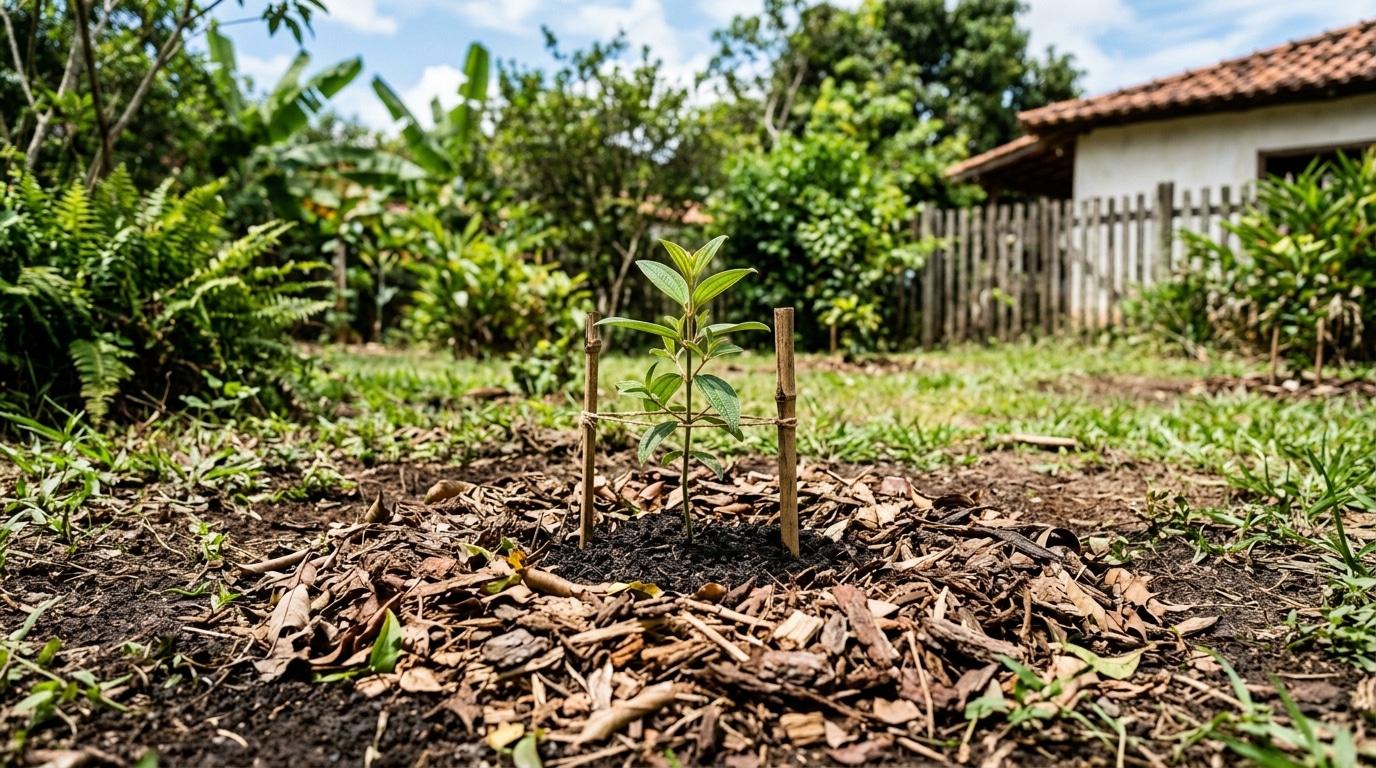 Uma pequena muda de árvore Quaresmeira recém-plantada no solo de um quintal. A planta jovem e verde está amparada por dois tutores de bambu amarrados com barbante. A terra ao redor da base está protegida por uma camada de folhas secas e lascas de madeira (mulching).