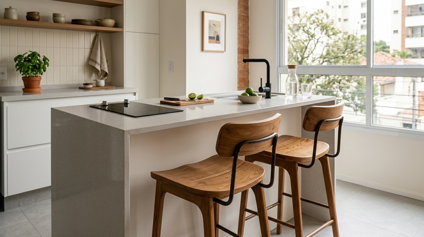 Ilha central clara em uma cozinha iluminada, acompanhada por duas banquetas de madeira com estrutura de metal preto. Sobre a bancada, cooktop, limões e torneira preta.