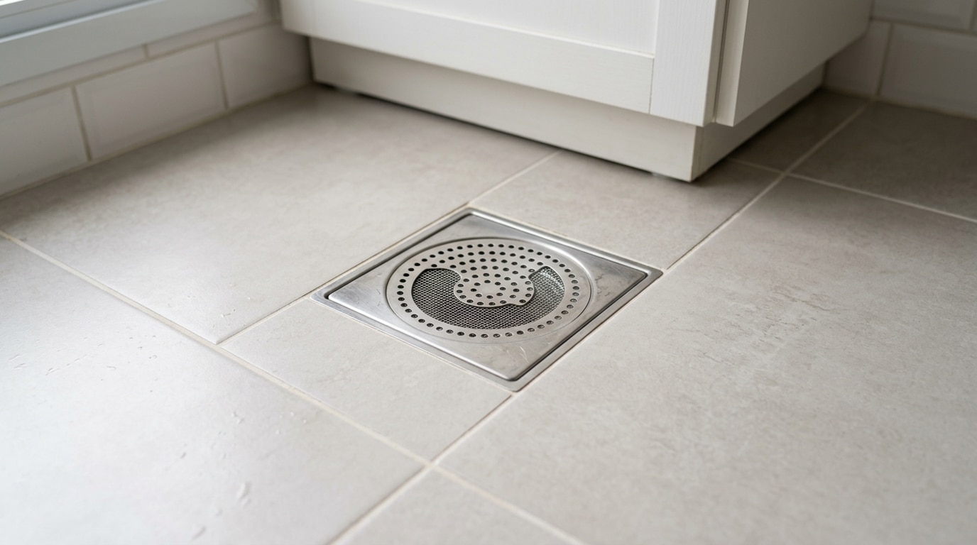 Ralo quadrado de aço inox embutido em um piso de cerâmica clara, equipado com um sistema de grade fina para fechamento.