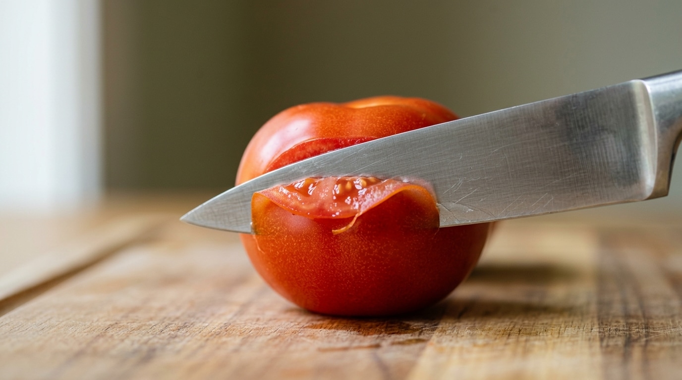 Close-up de uma lâmina de faca prateada cortando perfeitamente e sem esforço uma fatia muito fina da casca de um tomate vermelho maduro.