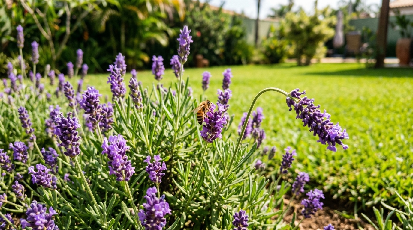 Arbusto de lavanda repleto de flores roxas com uma abelha pousada no centro, contrastando com um amplo gramado verde e ensolarado ao fundo.