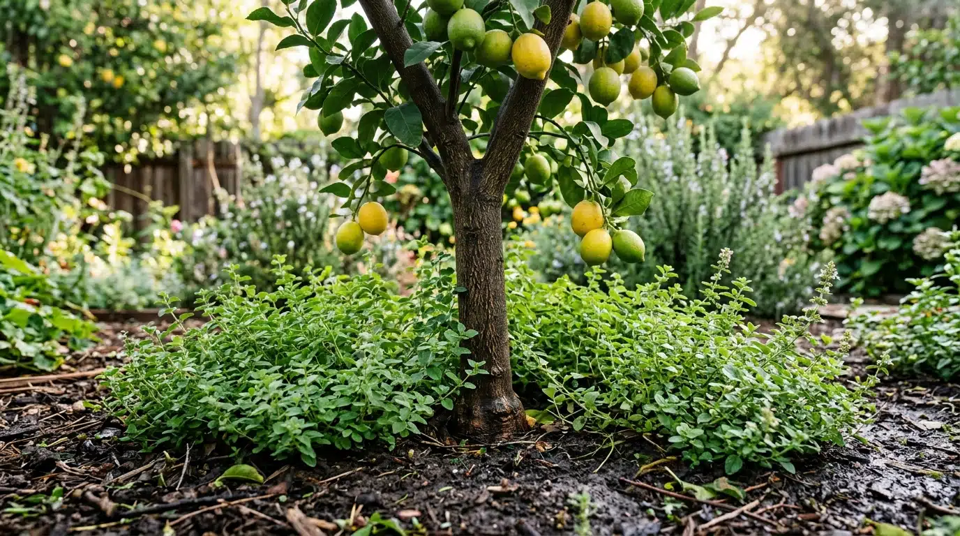 Limoeiro jovem centralizado, com galhos carregados de limões verdes e amarelos. A base da árvore está cercada por um denso tapete verde de orégano plantado diretamente na terra úmida. O fundo exibe uma cerca de madeira e folhagens abundantes.