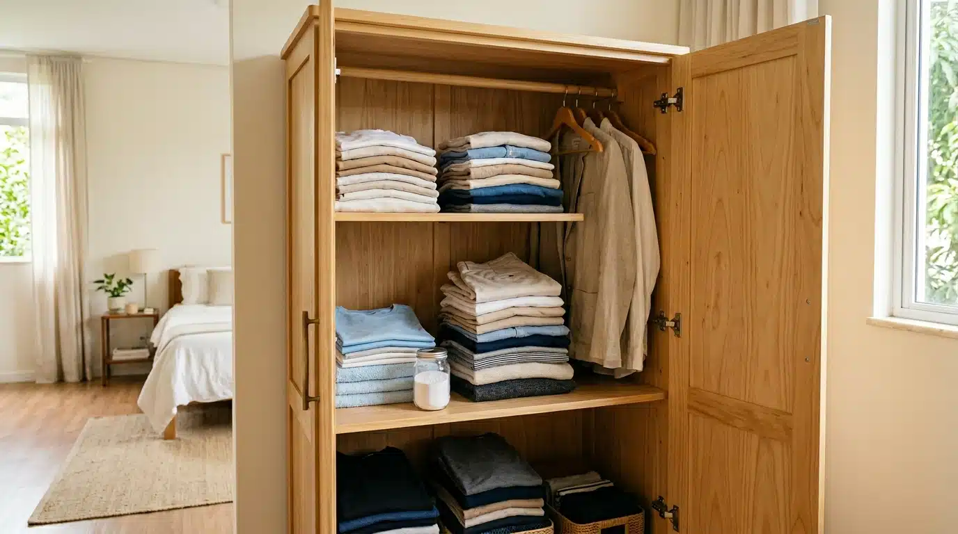Interior iluminado de um guarda-roupa de madeira clara aberto, revelando pilhas de camisas simetricamente dobradas, roupas em cabides e um pote de vidro com pó branco centralizado em uma das prateleiras.