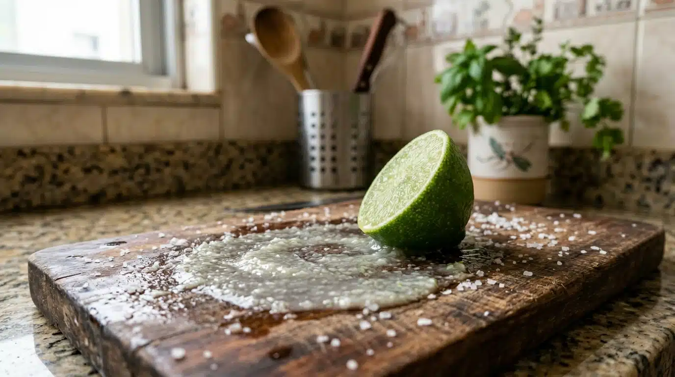 Metade de um limão tahiti sobre uma tábua de madeira escura e rústica, cercado por uma mistura úmida de sal grosso e suco que foi esfregada na superfície. Ao fundo, utensílios de cozinha e um vaso com manjericão.
