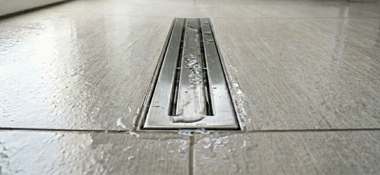 Ralo linear retangular de aço inoxidável nivelado em um piso claro com textura amadeirada, coberto por gotas e pequenas poças de água.