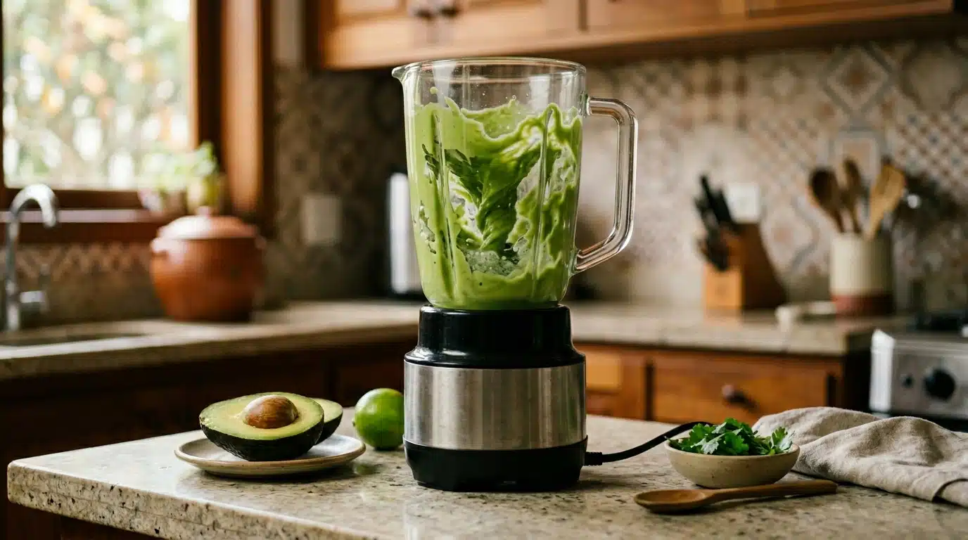 Liquidificador em funcionamento com um creme verde espesso girando no copo de vidro. Ao lado, sobre a bancada de granito claro, há meio abacate com caroço, um limão verde e algumas folhas frescas.