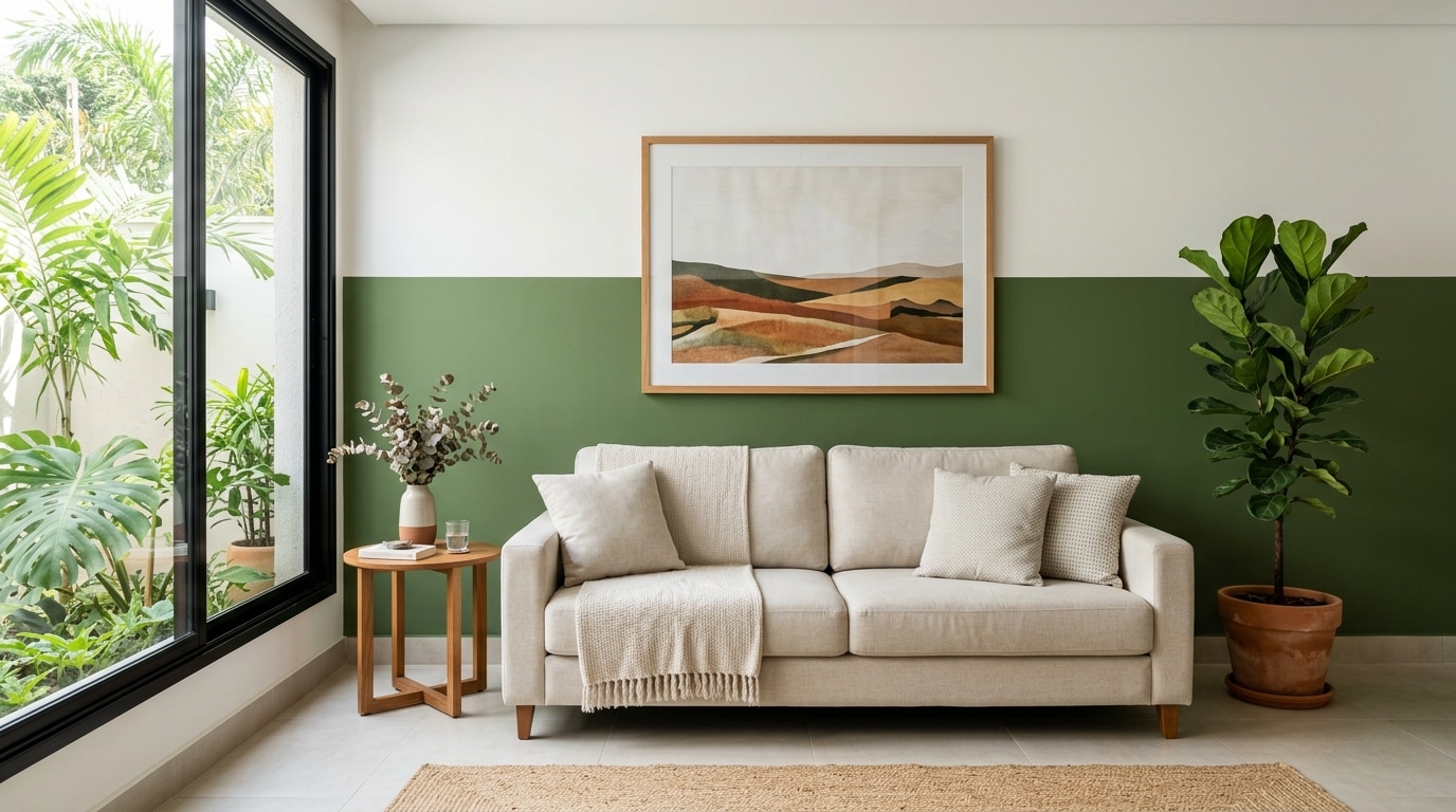 Sala de estar bem iluminada com pintura meia parede verde na parte inferior e branca na superior. Um sofá bege claro está centralizado abaixo de um quadro com paisagem geométrica. À direita, um vaso com a planta Ficus Lyrata e à esquerda, uma mesa lateral de madeira.