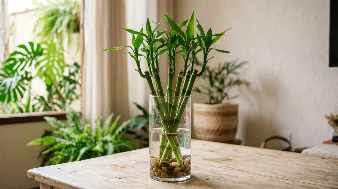 Hastes verdes de bambu-da-sorte agrupadas e amarradas, cultivadas em um vaso cilíndrico de vidro com água e pedras de rio no fundo, sobre uma mesa de madeira rústica.