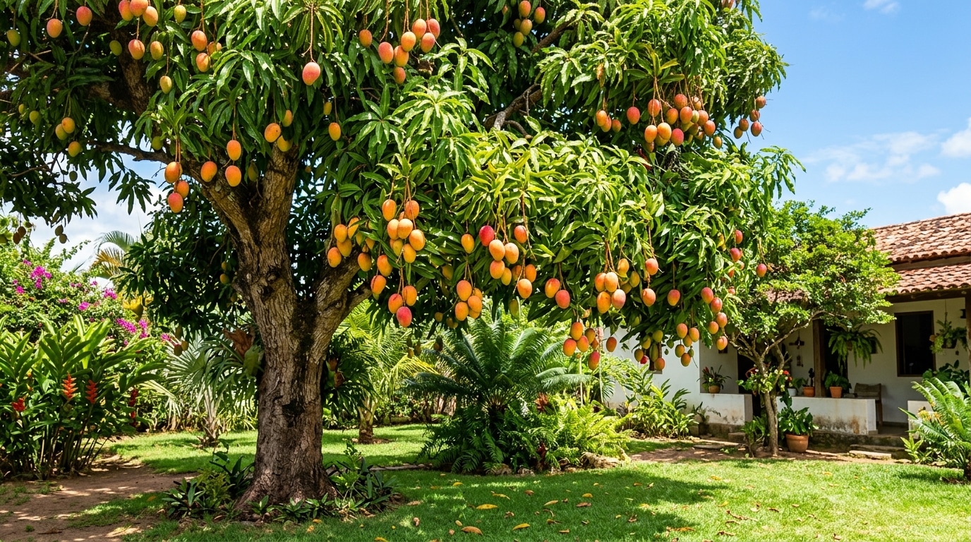 Grande mangueira com o tronco grosso e copa verde cheia de mangas maduras amareladas e avermelhadas em um jardim gramado ao lado de uma casa rústica.