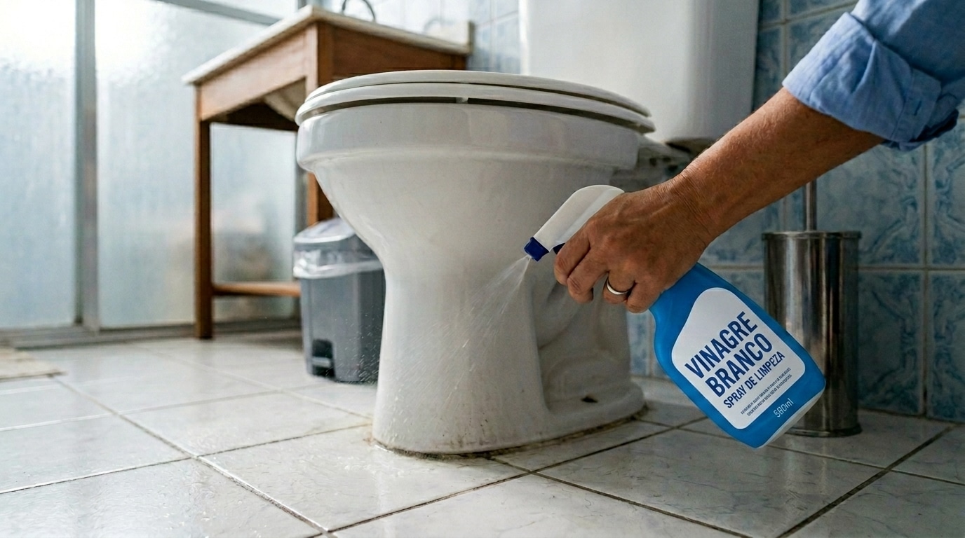 Mão segurando um frasco azul de vinagre branco e borrifando o líquido na base externa de um vaso sanitário de louça branca.