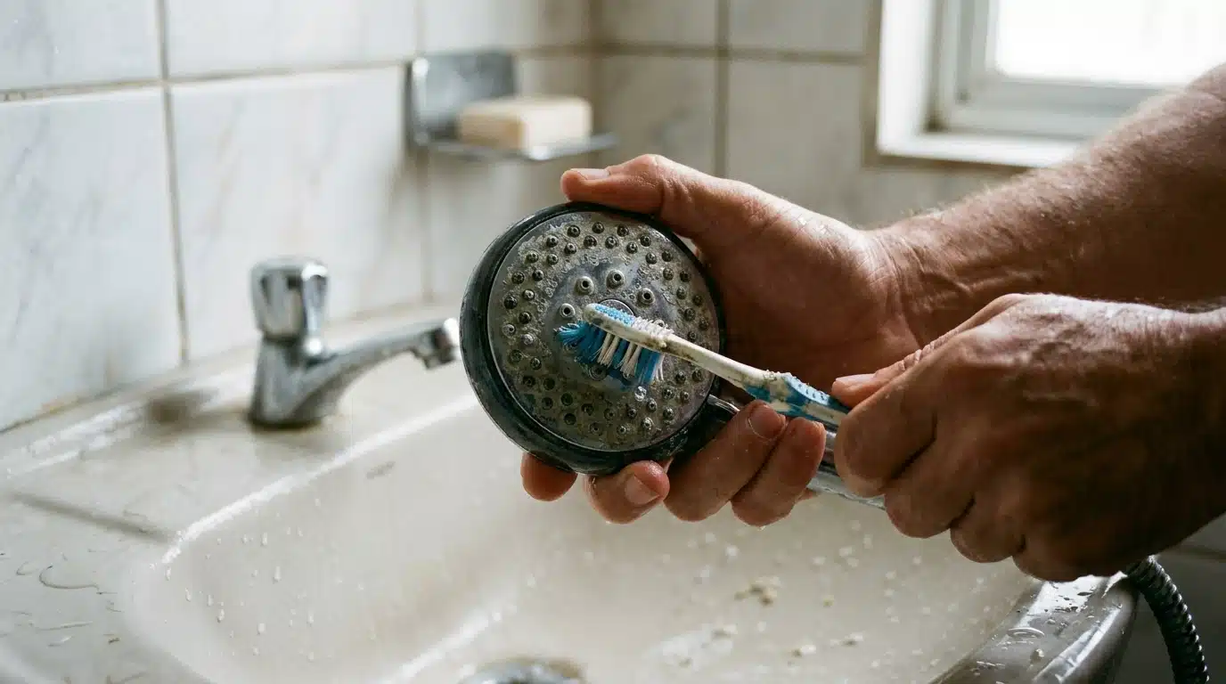 Mão segurando um chuveiro de mão sobre uma pia e esfregando-o com uma pequena escova de dentes para remover incrustações.