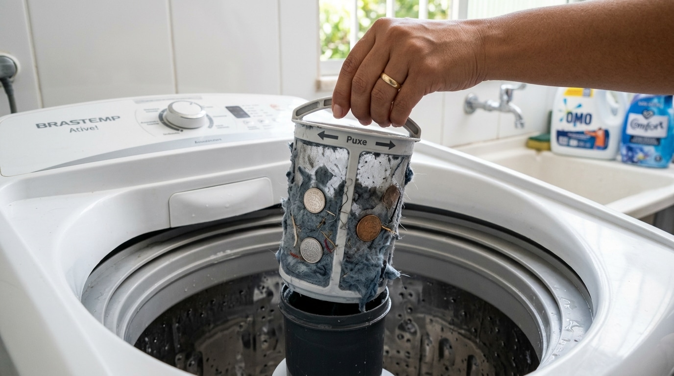 Mão puxando o filtro central cilíndrico de uma máquina de lavar de abertura superior. O filtro está completamente coberto por fiapos espessos e moedas presas.