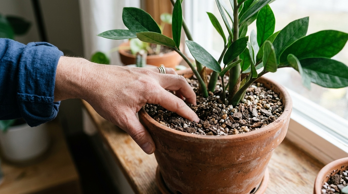 Mão tocando a terra escura misturada com pedriscos dentro de um vaso de barro com uma planta Zamioculca, sobre um peitoril de madeira.