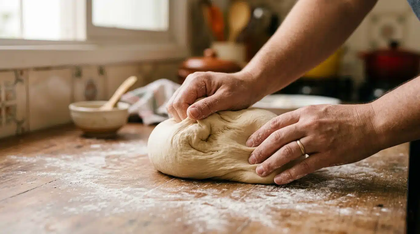 Imagem em close de mãos masculinas sovando vigorosamente uma massa lisa e elástica de pão sobre uma bancada de madeira rústica que está polvilhada com farinha de trigo.
