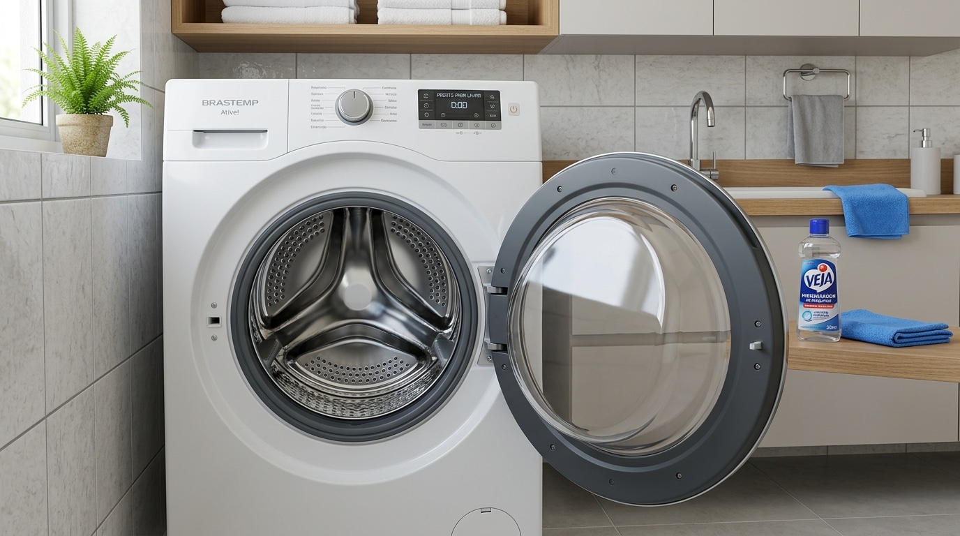 Máquina de lavar roupas branca de abertura frontal com a porta de vidro totalmente aberta, mostrando o tambor de inox em uma lavanderia clara.
