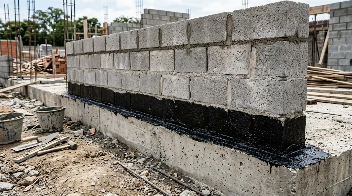 Parede de blocos de cimento recém-construída sobre uma fundação, com a parte inferior coberta por uma espessa camada de impermeabilizante preto.