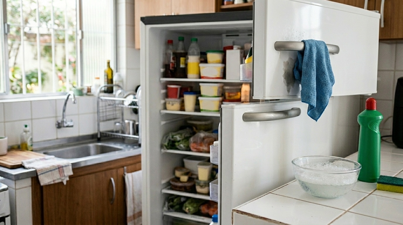 Geladeira branca com as portas abertas revelando alimentos organizados. Um pano de microfibra azul está pendurado no puxador do congelador. Na bancada branca ao lado, há uma tigela de vidro com água ensaboada, um frasco de detergente verde e uma esponja.
