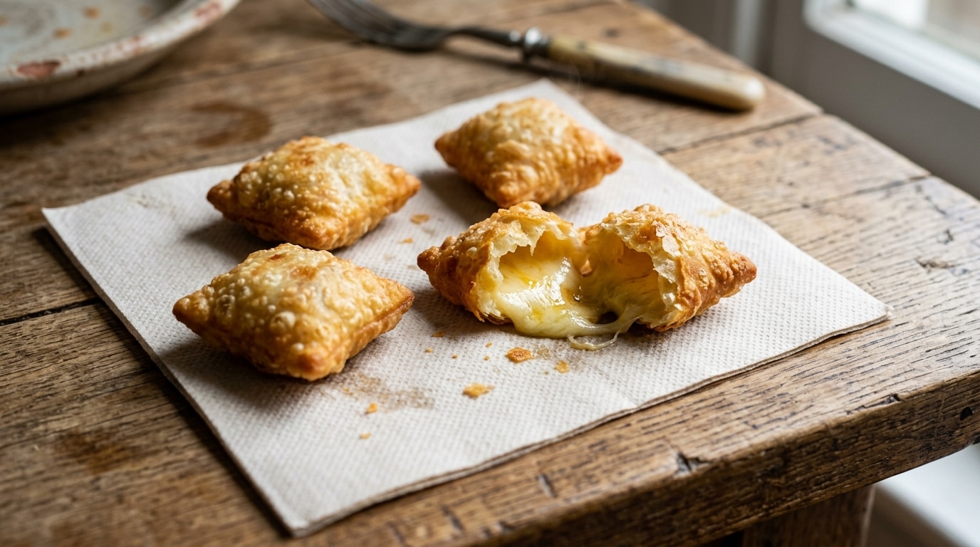 Quatro mini pastéis fritos e dourados dispostos sobre um guardanapo de papel branco em uma mesa de madeira envelhecida. O pastel central está partido ao meio, exibindo um recheio farto e cremoso de queijo derretido escorrendo.