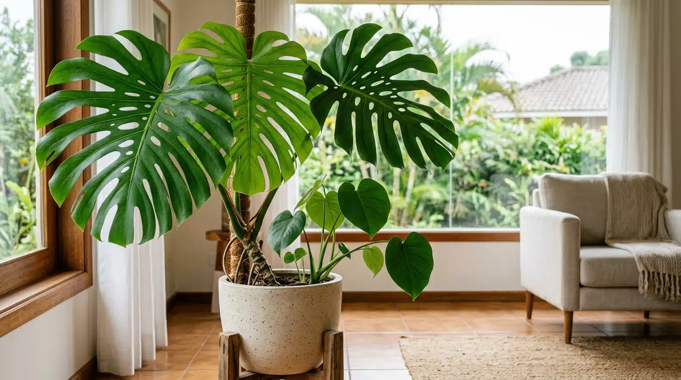 Planta Costela-de-Adão grande com folhas fenestradas em um vaso de cerâmica claro sobre suporte de madeira. A planta está amarrada a um tutor de musgo em uma sala de estar bem iluminada com poltrona ao fundo.