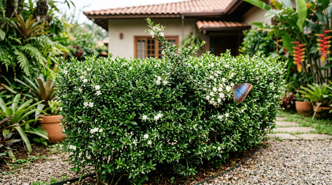 Cerca viva verde de murta com pequenas flores brancas. Uma grande borboleta azul pousa nas flores do lado direito, em um jardim com pedriscos.