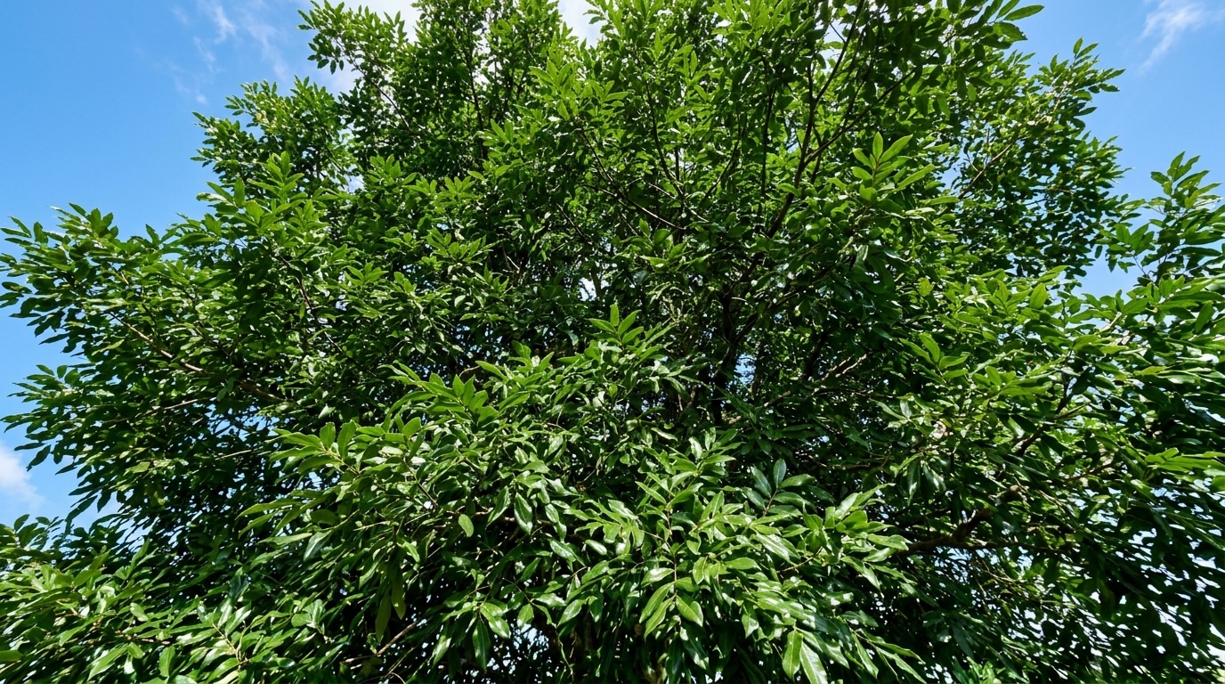 Visão de baixo para cima (contra-plongée) da copa de uma árvore Oiti. A folhagem perene é extremamente densa e de um verde vibrante, bloqueando quase completamente a passagem da luz solar, restando apenas pequenos recortes de céu azul iluminado.