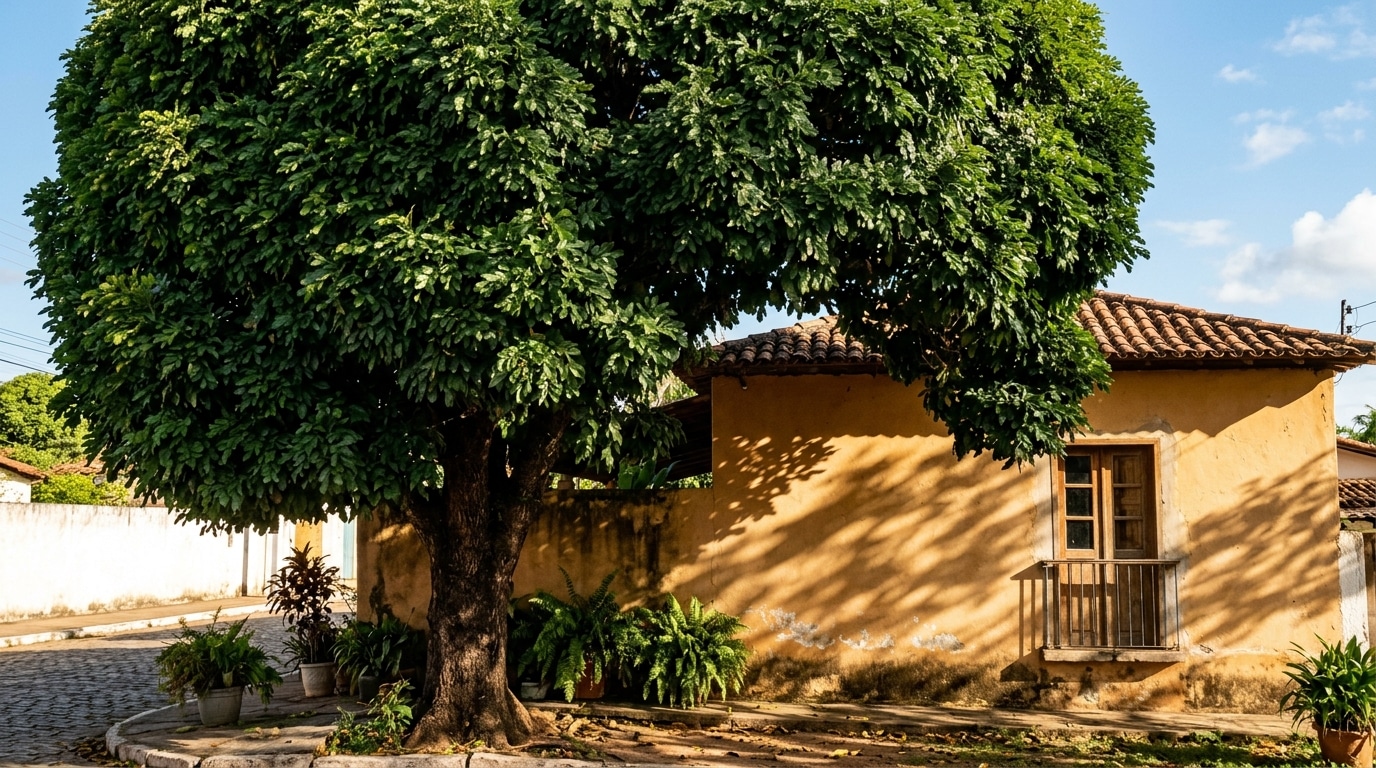 Uma imponente árvore Oiti plantada em uma calçada rústica de paralelepípedos. Sua enorme copa projeta uma sombra densa e escura sobre a fachada de uma charmosa casa amarela com portas de madeira. A luz do sol da tarde cria belos desenhos de folhas na parede.