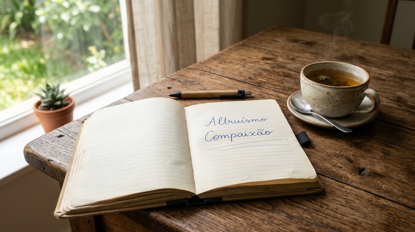 Um caderno com páginas pautadas aberto sobre uma mesa de madeira envelhecida. Nas páginas, as palavras 'Altruísmo' e 'Compaixão' estão escritas à mão de forma cursiva. Ao lado do caderno, repousam uma caneta e uma xícara de chá rústica fumegante. Uma janela iluminada aparece ao fundo.