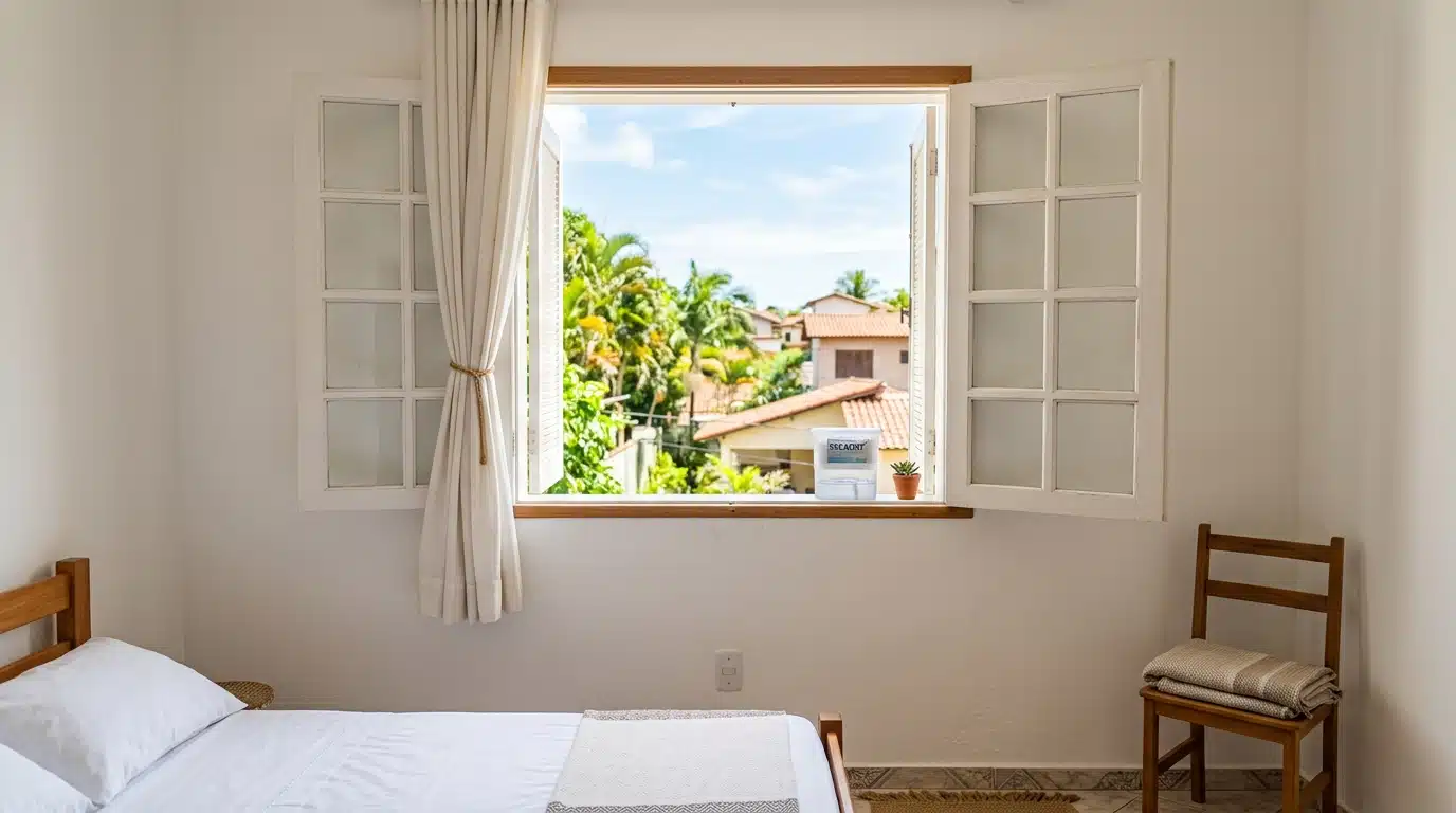 Quarto claro com cama arrumada e uma grande janela de madeira aberta, permitindo a entrada de luz solar e ventilação, com um pote antimofo no parapeito.