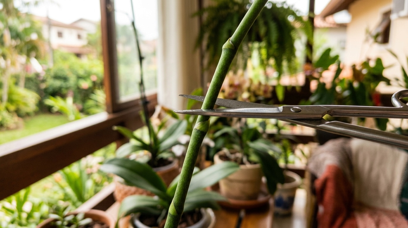 Uma tesoura metálica de poda aberta, posicionada para cortar a haste verde e espessa de uma orquídea. A lâmina está alinhada estrategicamente cerca de um dedo acima de um nó (gema) visível no caule. Ao fundo, uma varanda desfocada repleta de outras plantas.
