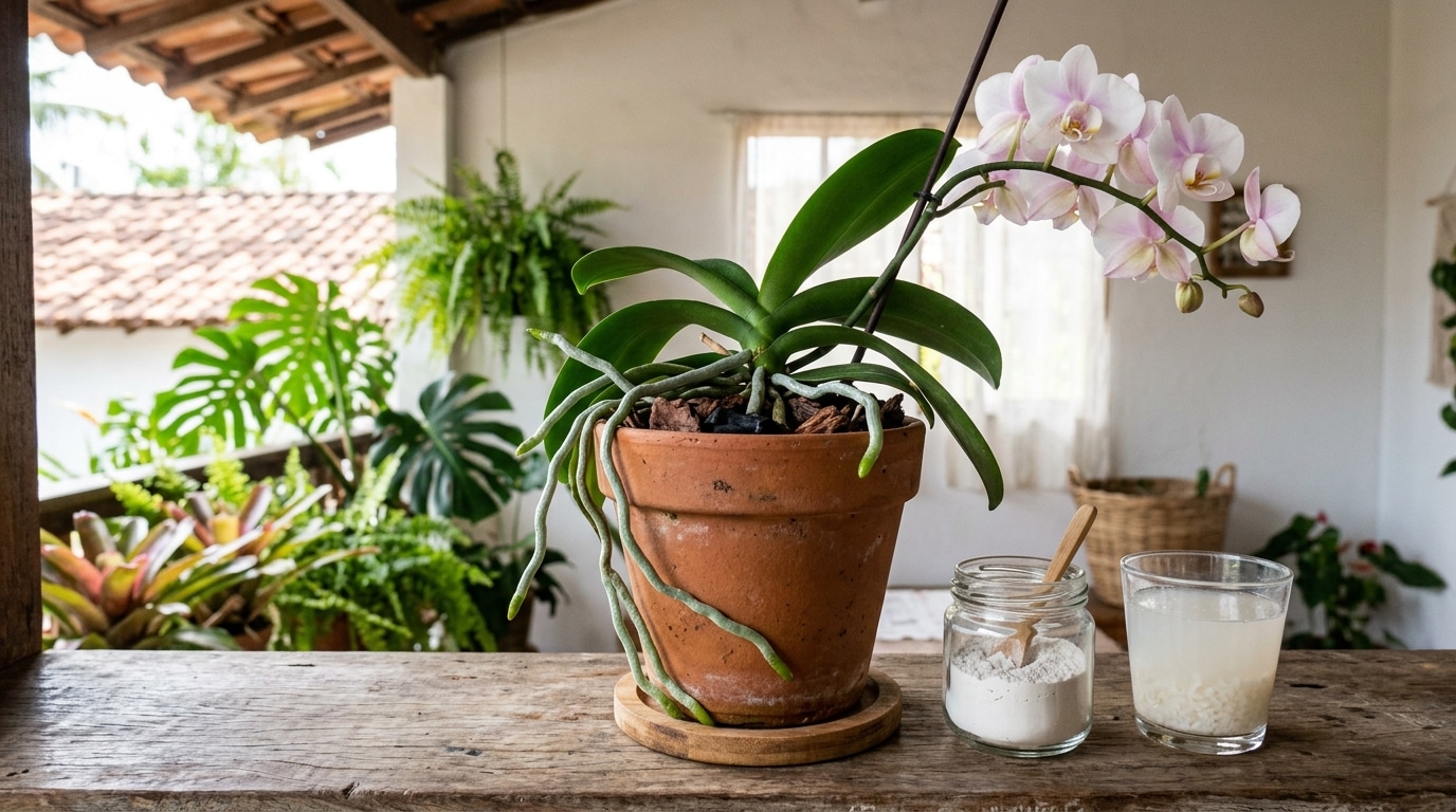 Uma linda orquídea Phalaenopsis com flores em tons de branco e rosa claro, plantada em um vaso de barro sobre uma bancada rústica. Suas raízes grossas e verdes transbordam para fora do vaso. Ao lado, um pote de vidro com pó branco (casca de ovo triturada) e um copo de vidro com um líquido turvo (água de arroz).