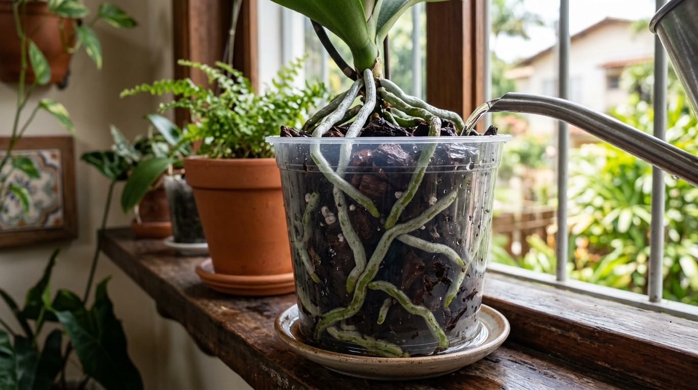 Fotografia em close-up focando o sistema radicular de uma orquídea dentro de um vaso de plástico totalmente transparente, apoiado no parapeito de uma janela. O bico de um regador de metal está despejando água limpa sobre o substrato de casca de pinus. As raízes no interior do vaso têm um tom verde prateado vibrante.