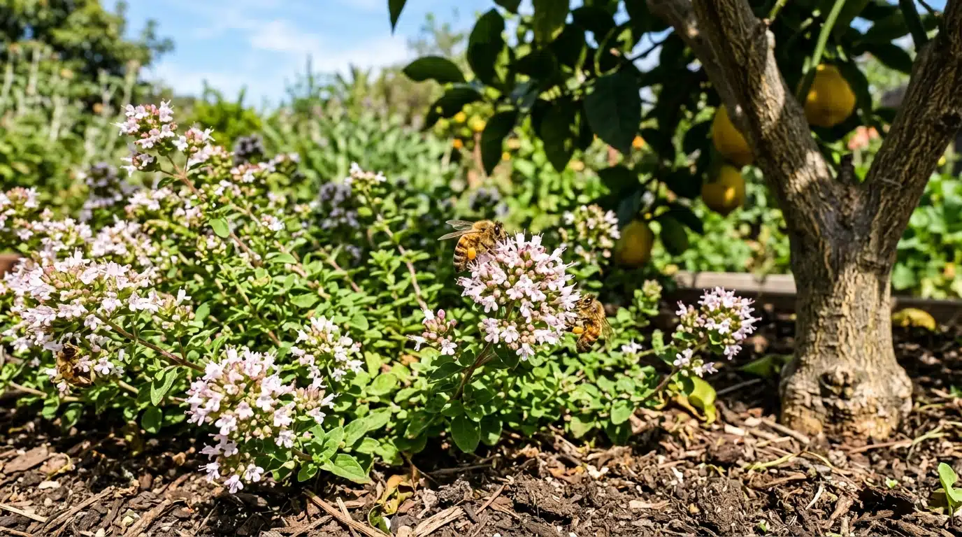 Arbusto rasteiro de orégano repleto de minúsculas flores brancas e rosadas, visitadas ativamente por abelhas com pólen nas patas. À direita, o tronco áspero de um limoeiro, com limões amarelos visíveis no fundo desfocado sob o céu azul.