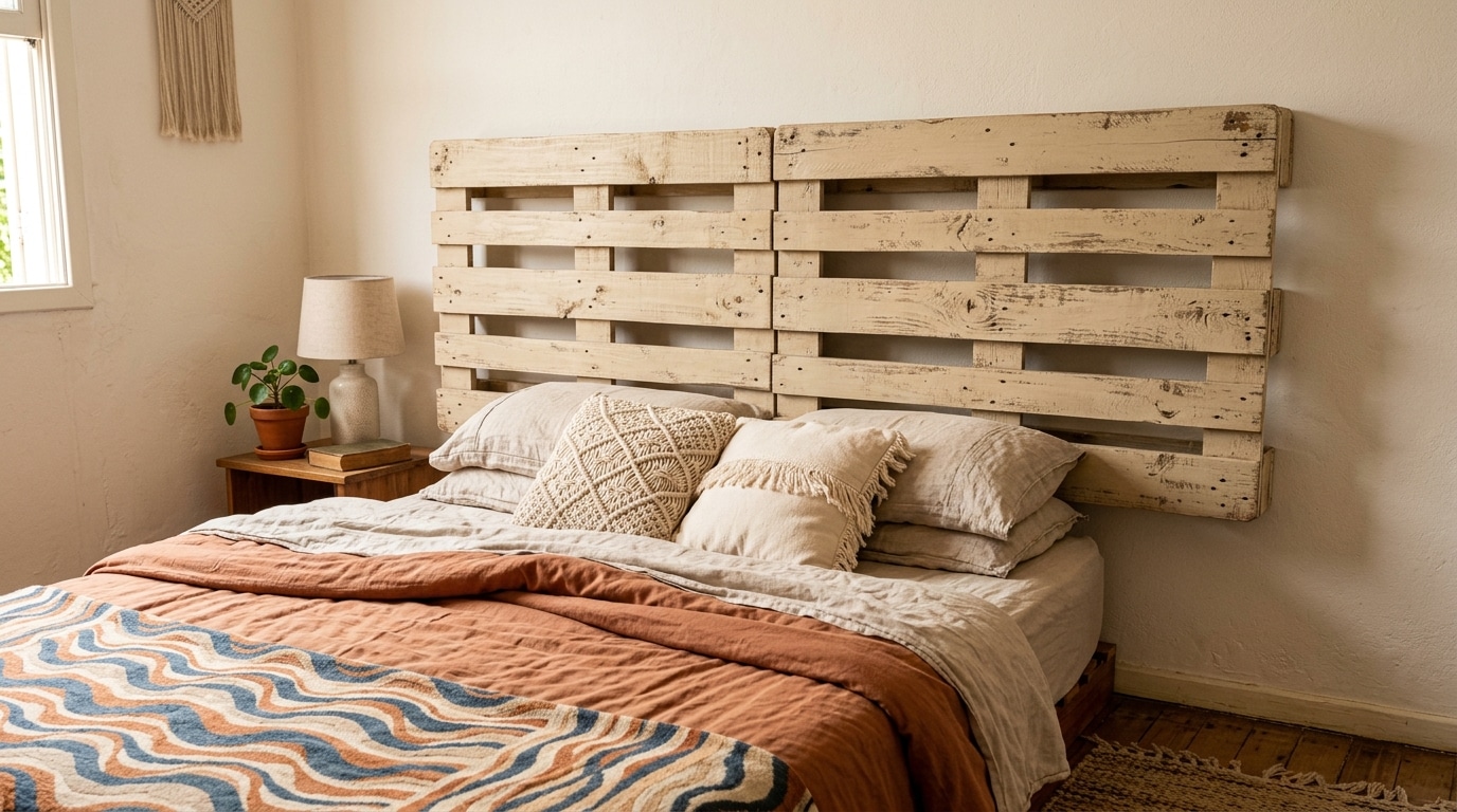 Cama de casal arrumada com coberta em tons terrosos e almofadas de macramê. A cabeceira rústica é formada por dois grandes paletes de madeira clara fixados lado a lado na parede branca. Ao lado, um vaso de barro com planta sobre um criado-mudo de madeira.