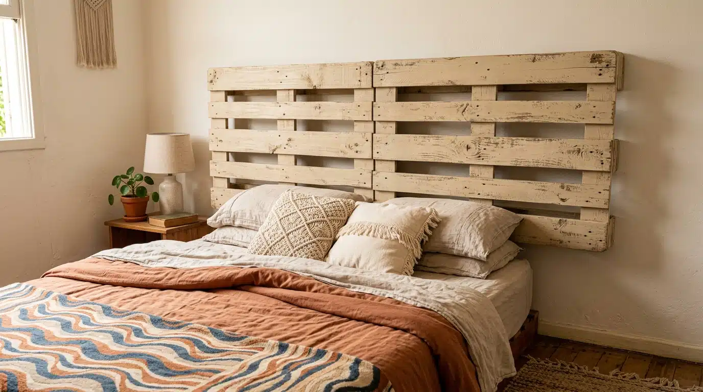Cama de casal arrumada com coberta em tons terrosos e almofadas de macramê. A cabeceira rústica é formada por dois grandes paletes de madeira clara fixados lado a lado na parede branca. Ao lado, um vaso de barro com planta sobre um criado-mudo de madeira.