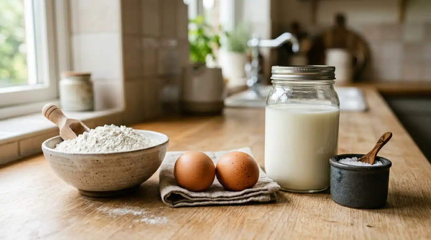 Bancada de madeira clara com ingredientes para panqueca: uma tigela rústica com farinha de trigo, dois ovos caipiras sobre um pano de prato, um pote de vidro com leite e um pequeno pote com sal.