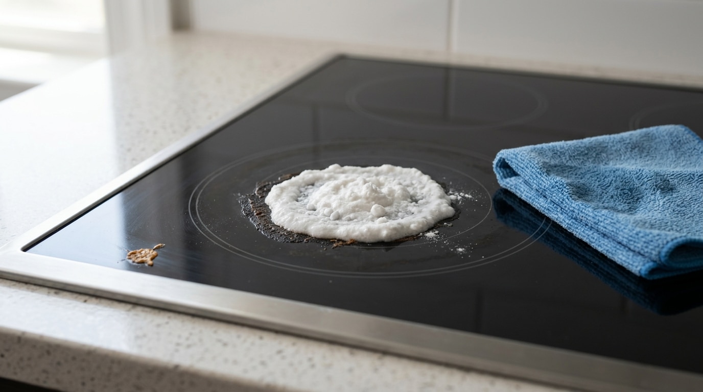 Pasta branca espessa e efervescente aplicada sobre uma mancha escura de queimado no vidro de um cooktop de indução preto, com um pano de microfibra azul ao lado.
