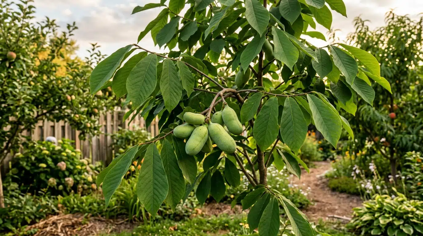 Galho de árvore frutífera com grandes folhas verdes e um cacho de frutos exóticos verdes e ovais pendurados. Ao fundo, um pomar doméstico desfocado com caminho de terra e cerca de madeira.