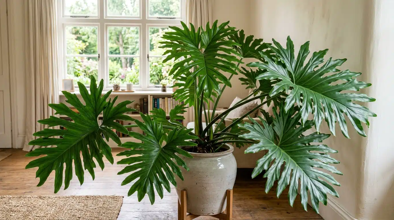 Um filodendro imponente com folhas largas e profundamente recortadas, acomodado em um grande vaso de cerâmica vitrificada cinza-clara sobre um suporte de madeira com pés. A planta domina uma sala de estar elegante com piso de madeira natural, tapete de juta e amplas janelas com vista para um jardim.