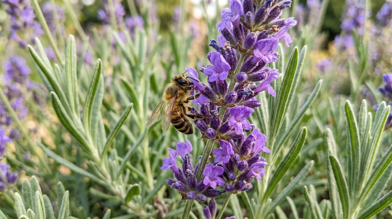 Close-up de uma abelha com listras amarelas e marrons pousada em uma haste de flores roxas de lavanda, cercada por folhas finas esverdeadas.