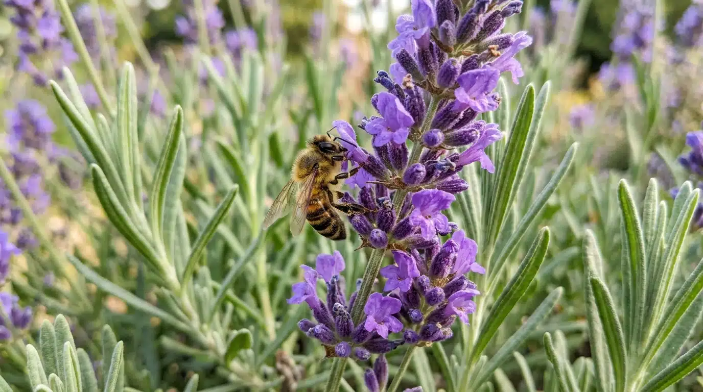 Close-up de uma abelha com listras amarelas e marrons pousada em uma haste de flores roxas de lavanda, cercada por folhas finas esverdeadas.