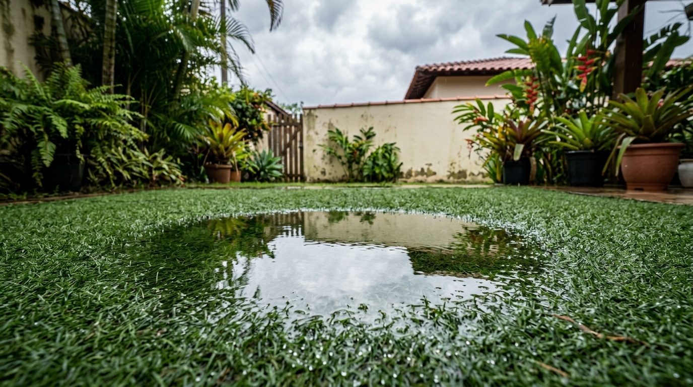Grande poça de água da chuva sobre um gramado sintético verde no quintal, refletindo o céu nublado e cercada por vasos de plantas.