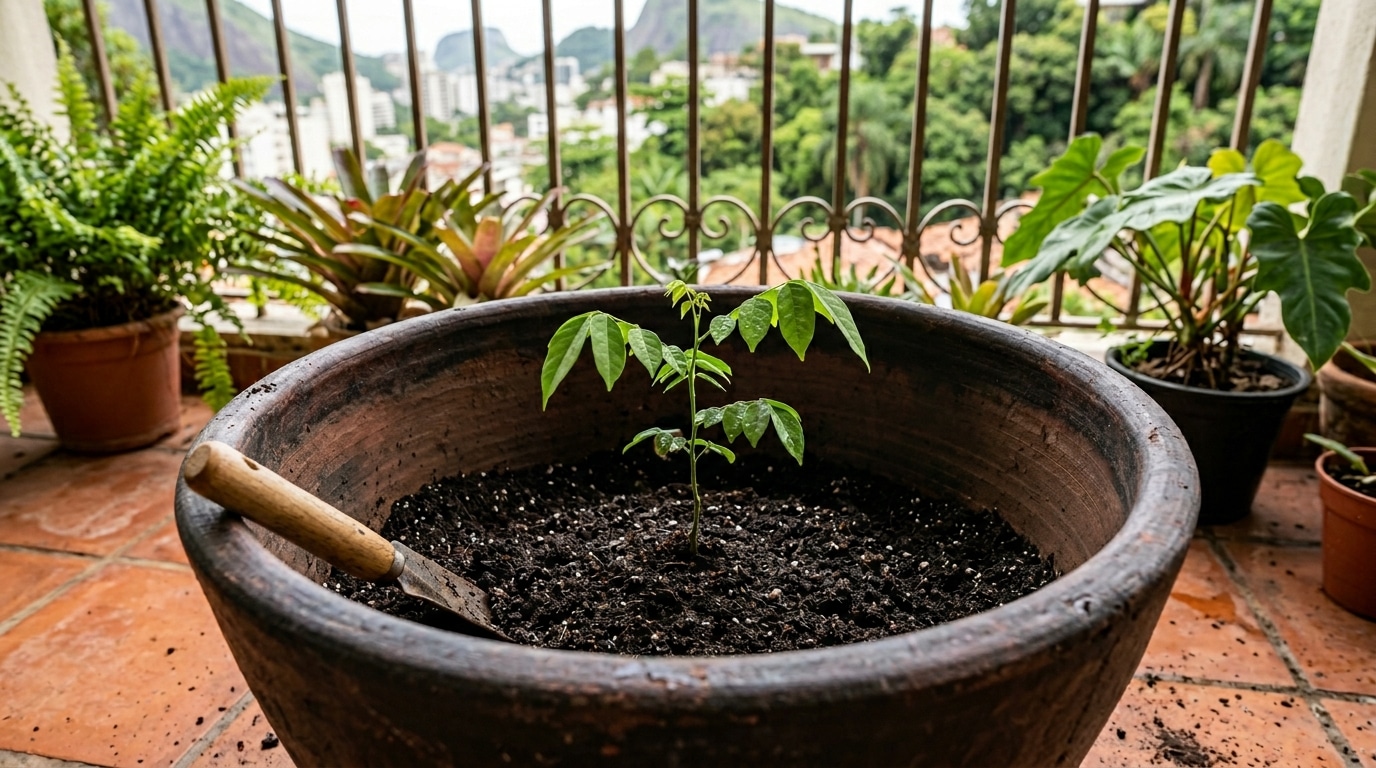 Vaso de barro largo e rústico com terra escura, contendo uma pequena muda verde recém-plantada no centro e uma pá de jardinagem com cabo de madeira apoiada na terra.