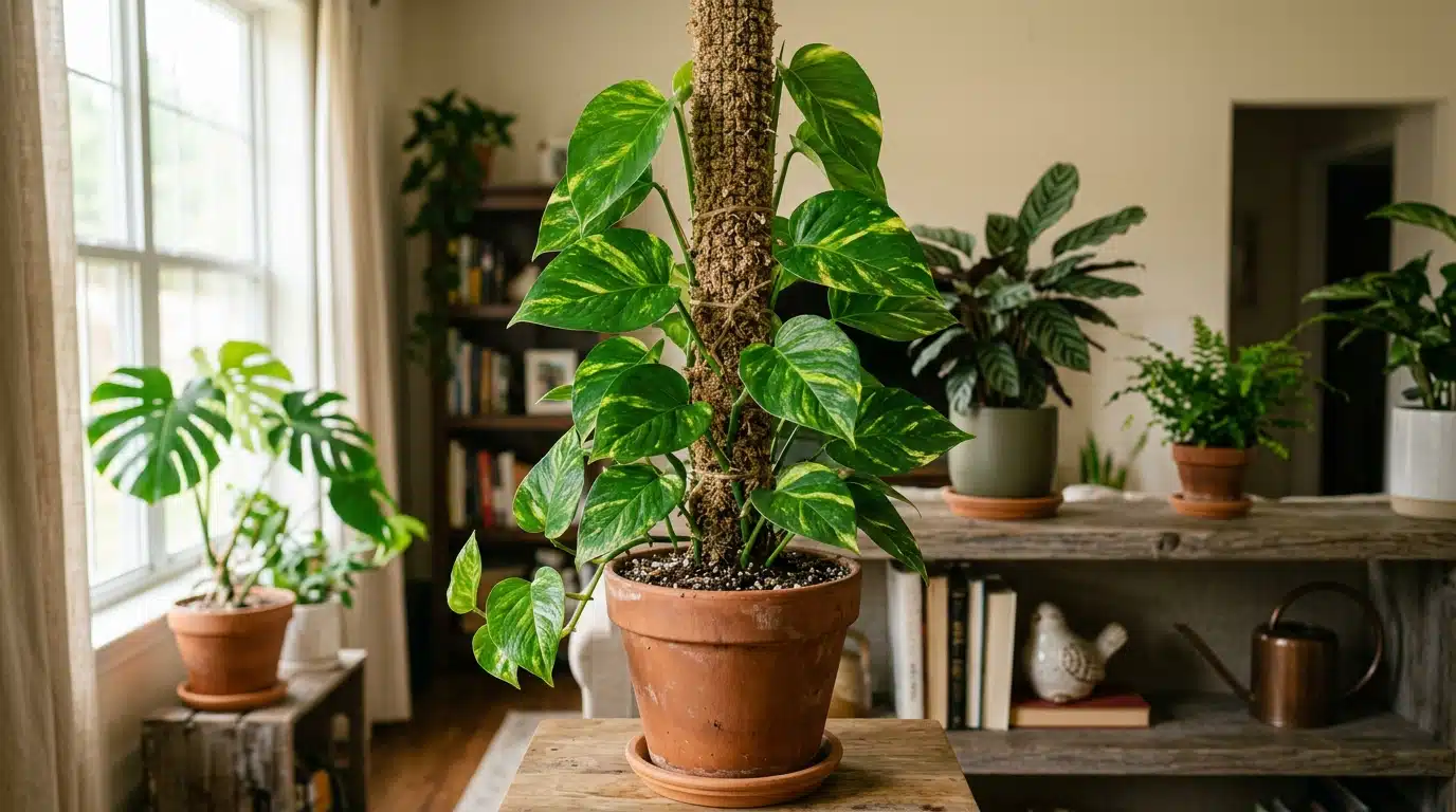 Uma planta jibóia alta e volumosa de folhas variegadas em tons de verde e amarelo, crescendo verticalmente abraçada a um tutor rústico de musgo. A planta está acomodada em um vaso clássico de terracota sobre um móvel de madeira bruta. Ao fundo, uma sala de estar bem iluminada com estante de livros, poltrona e diversas outras folhagens tropicais.