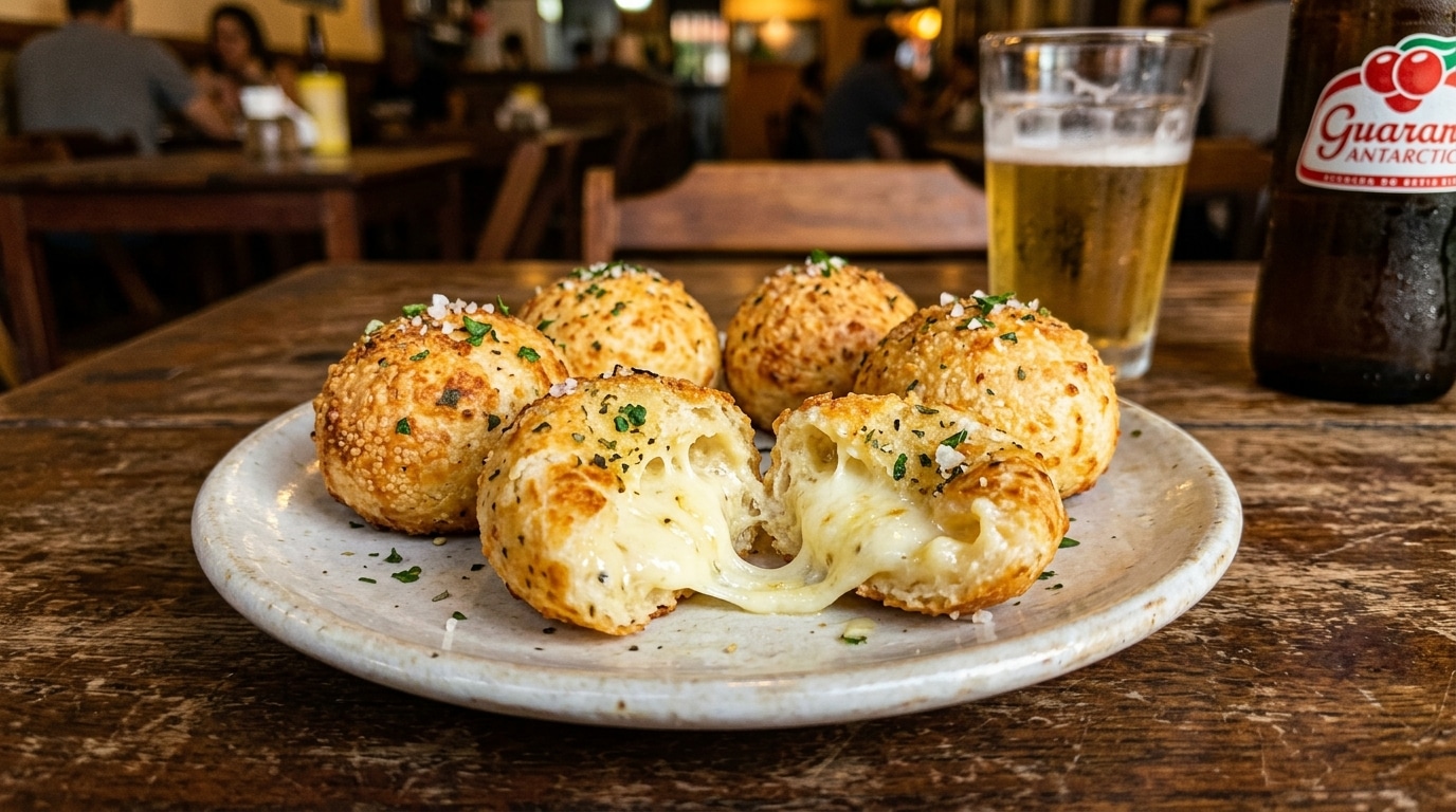 Prato de cerâmica clara sobre uma mesa de madeira de bar, contendo cinco bolinhas de pão de alho gratinadas. A bolinha da frente está rasgada ao meio, mostrando um recheio extremamente cremoso de alho e queijo derretido. Ao fundo, um copo de cerveja e uma garrafa desfocados.