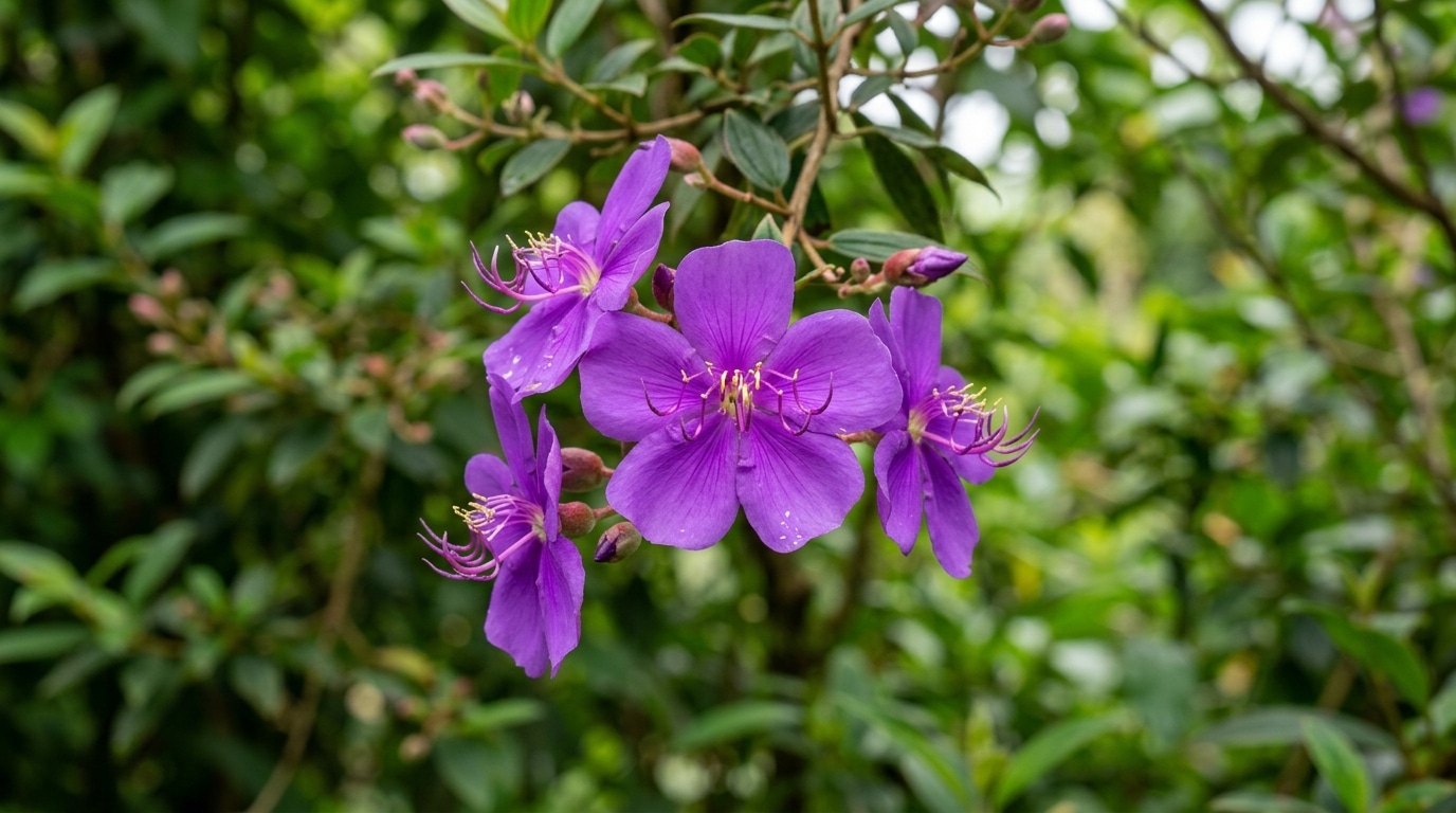 Fotografia em close-up de um pequeno cacho de flores roxas muito vibrantes da árvore Quaresmeira. As flores abertas exibem cinco pétalas delicadas e estames longos e curvos no centro. O fundo é preenchido por uma folhagem verde densa e levemente desfocada.