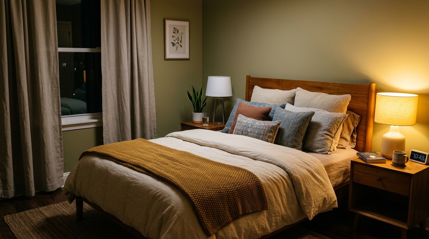 Cama de casal com enxoval em tons neutros e manta mostarda, ladeada por mesas de cabeceira com abajures acesos em um quarto com paredes verdes.