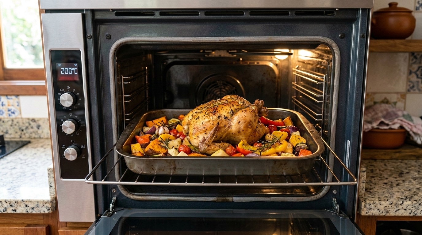 Porta aberta de um forno de embutir exibindo uma assadeira cheia com um frango inteiro dourado cercado por legumes assados coloridos e temperos.