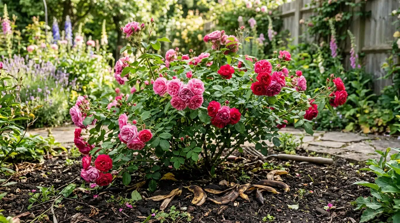 Arbusto de roseira cultivado no solo do jardim, repleto de rosas em tons de rosa intenso, com cascas de banana espalhadas sobre a terra escura na base da planta.